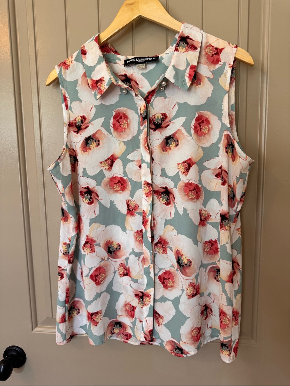 Karl Lagerfeld Sleeveless Floral Blouse in Dusty Blue with Pink Blooms